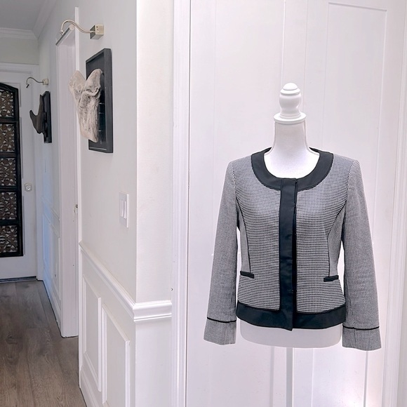 Ann Taylor Womens Small Knit Blazer Jacket Houndstooth Black Trim Office Chic S - Picture 1 of 11